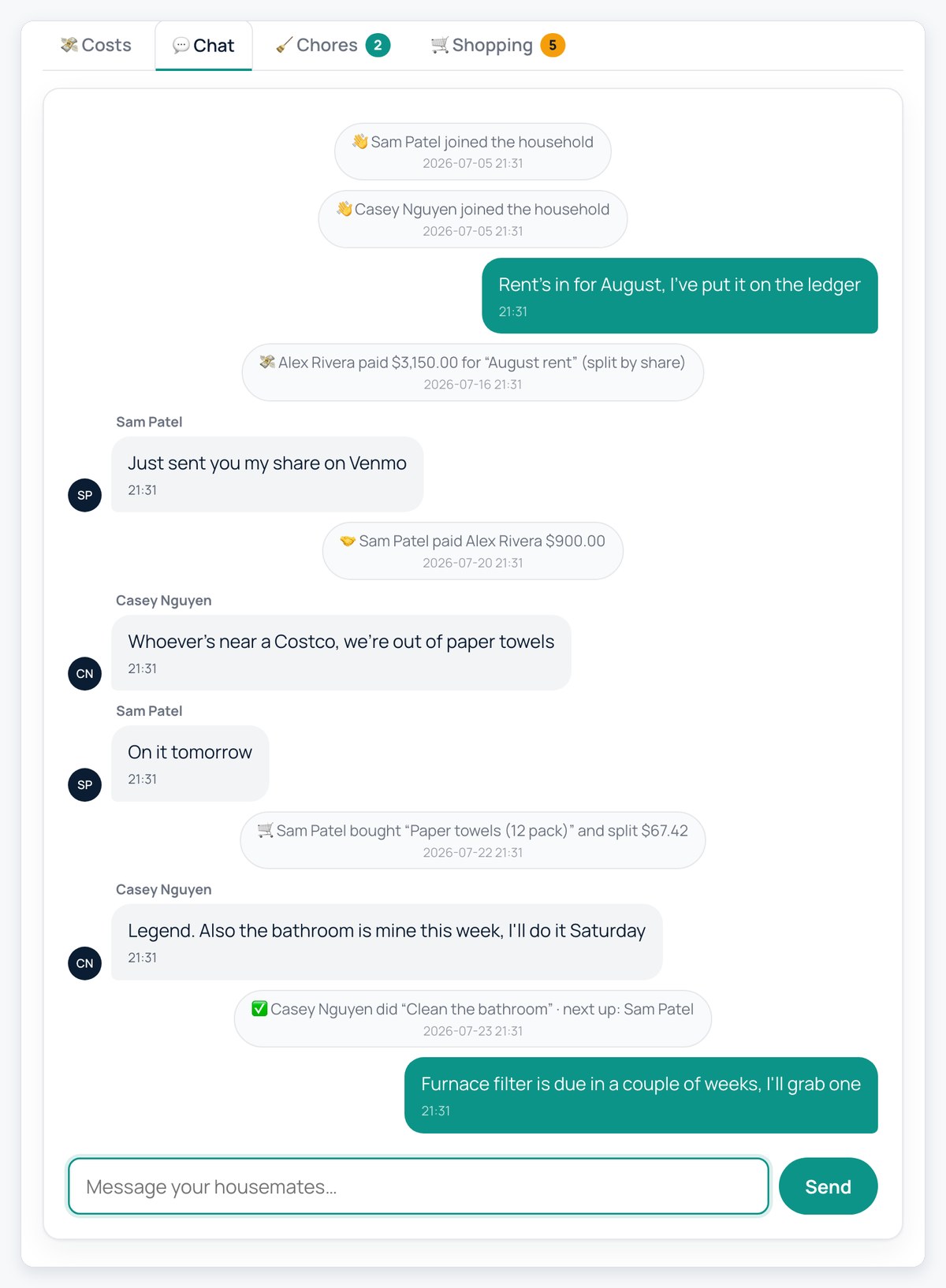 Cohabital household group chat with messages from housemates interleaved with automatic posts for expenses, payments and completed chores