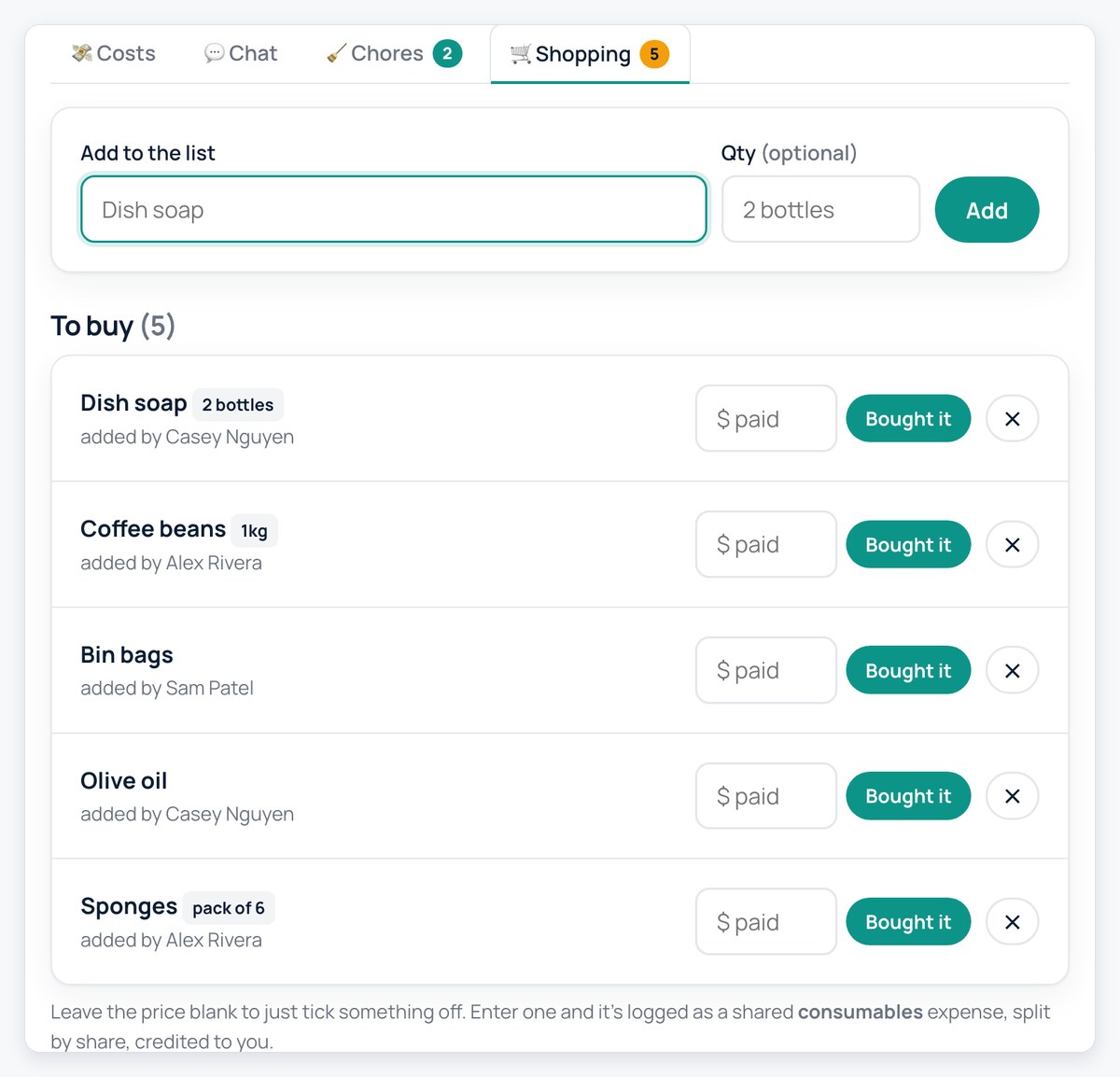 Cohabital shared shopping list with items added by different housemates and a price field to log the purchase as a shared expense